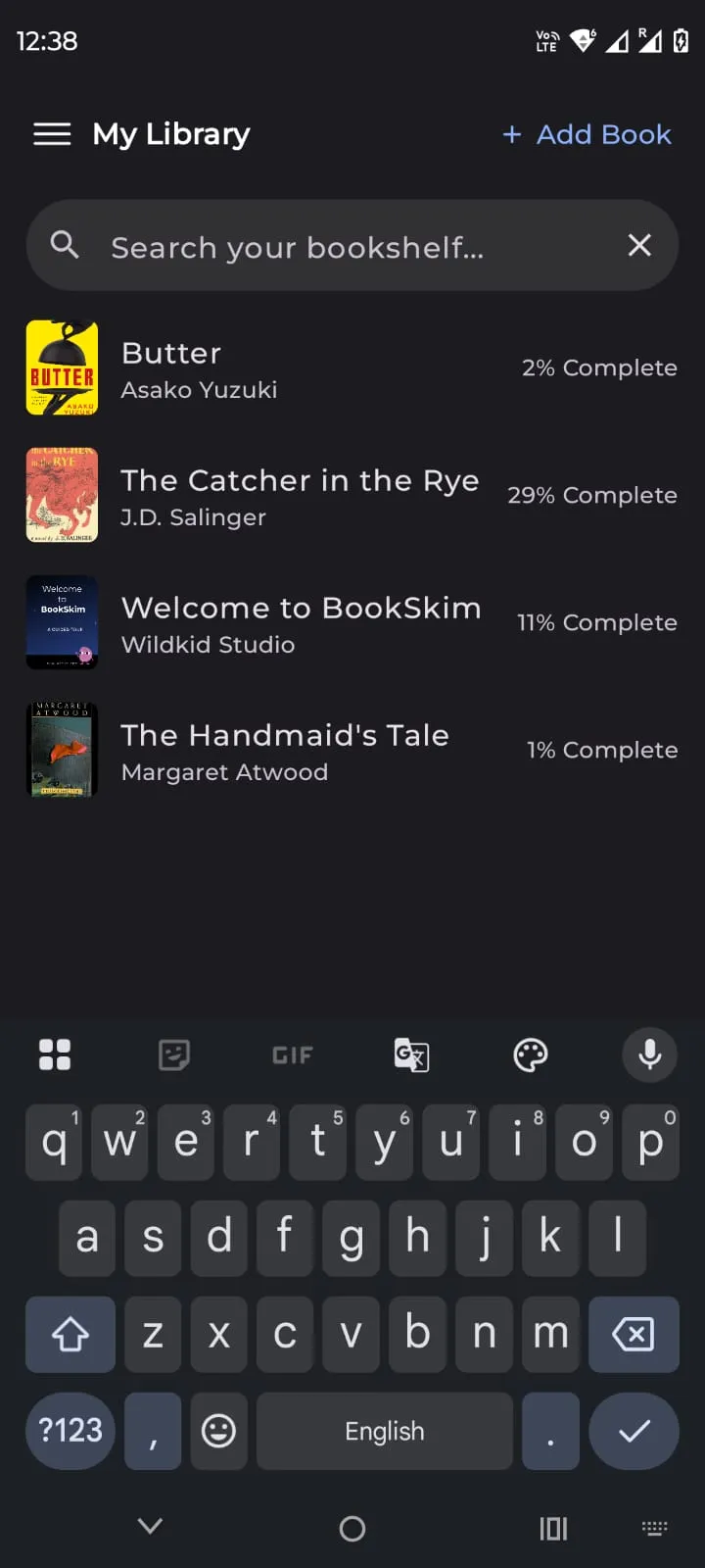 Searching the BookSkim library, results listed with reading progress