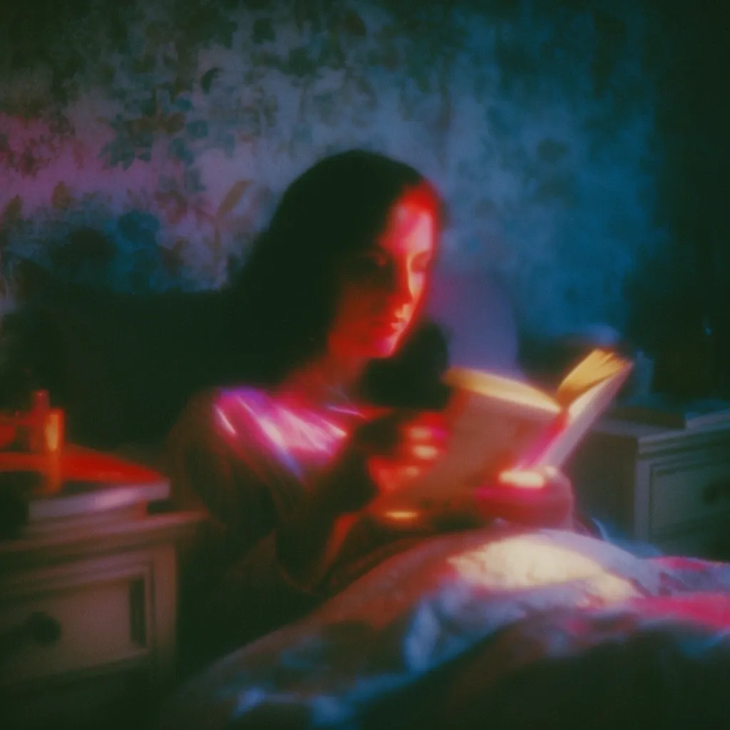 Reading in bed under coloured light